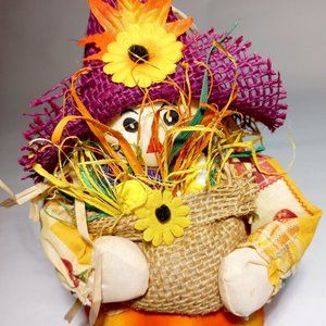 Fall Halloween Decor Sitting Scarecrow on Pumpkin Size 10 In
